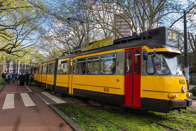 Amsterdam. Both modern and historical trams on route.