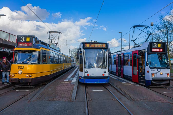 Amsterdam. Both modern and historical trams on route.