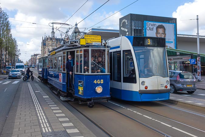 Amsterdam. Both modern and historical trams on route.