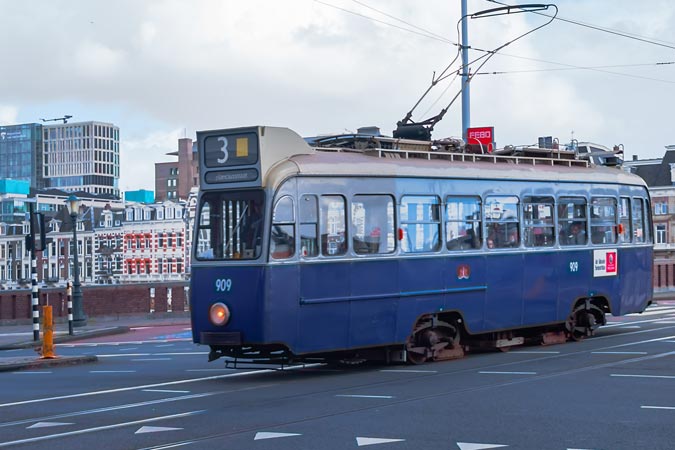 Amsterdam. Both modern and historical trams on route.